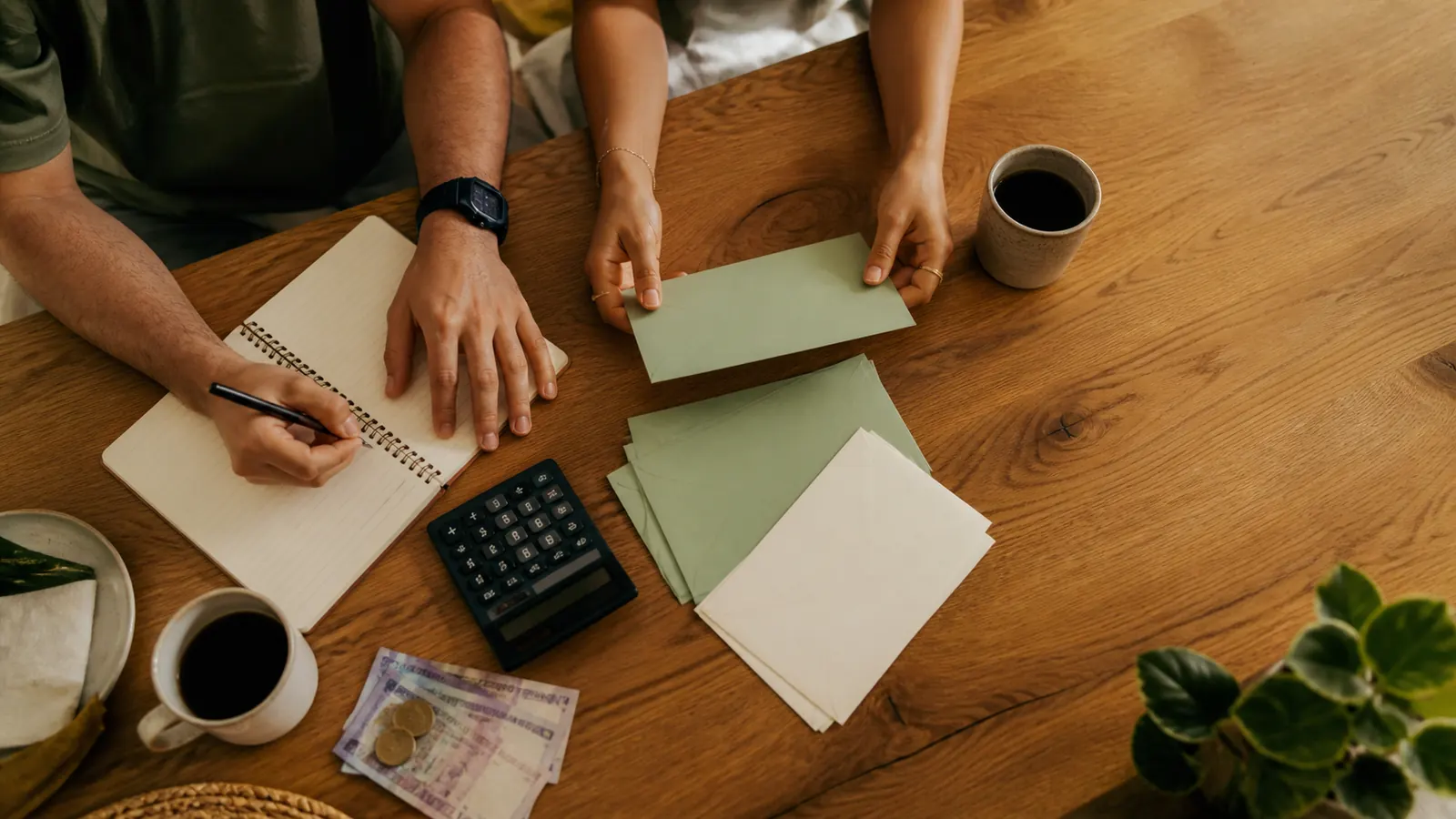 Dos personas construyendo juntas un presupuesto por sobres